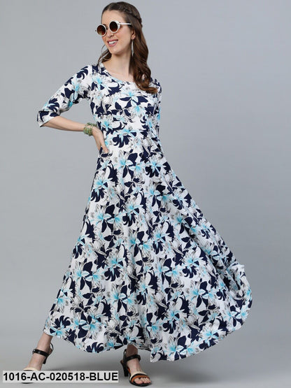 Blue & White Floral Crepe Maxi Dress