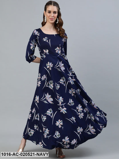 Navy Blue Floral Crepe Maxi Dress