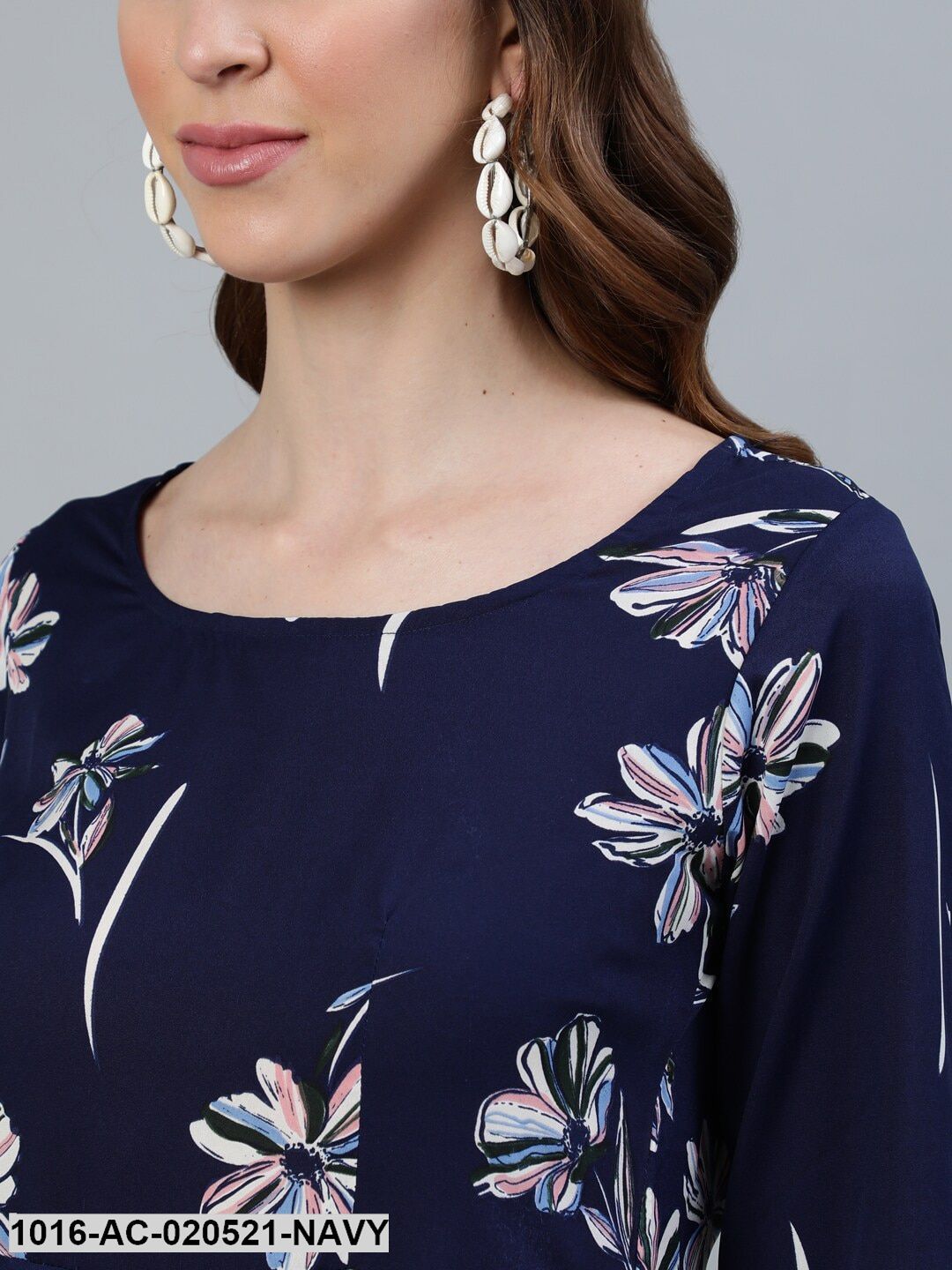 Navy Blue Floral Crepe Maxi Dress