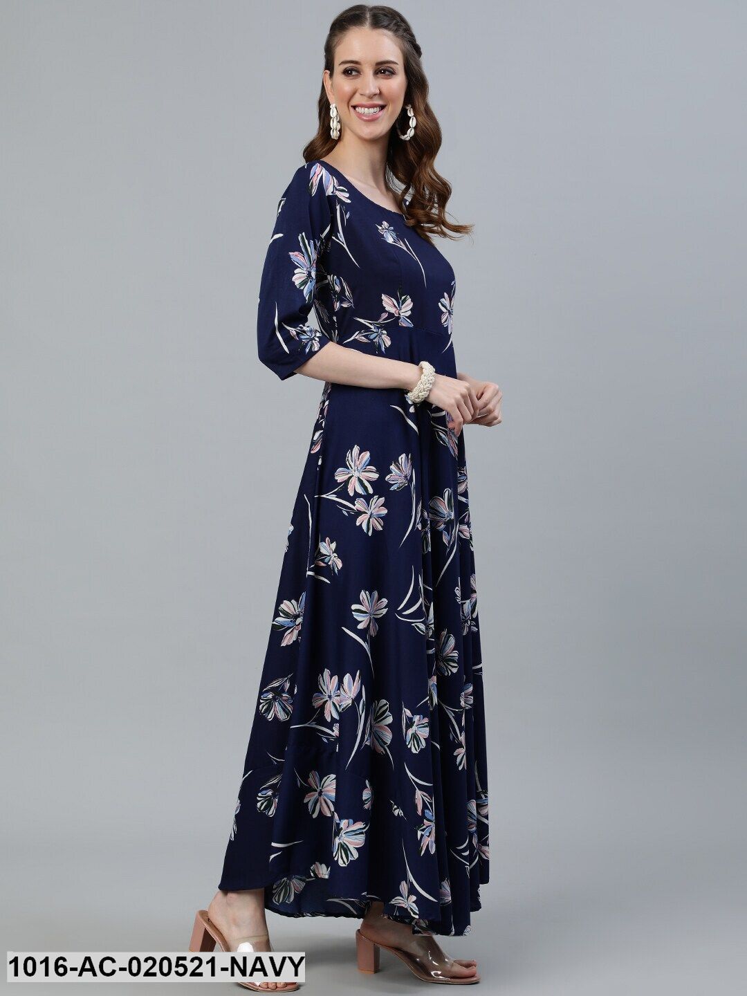 Navy Blue Floral Crepe Maxi Dress