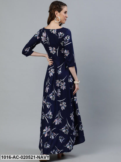 Navy Blue Floral Crepe Maxi Dress