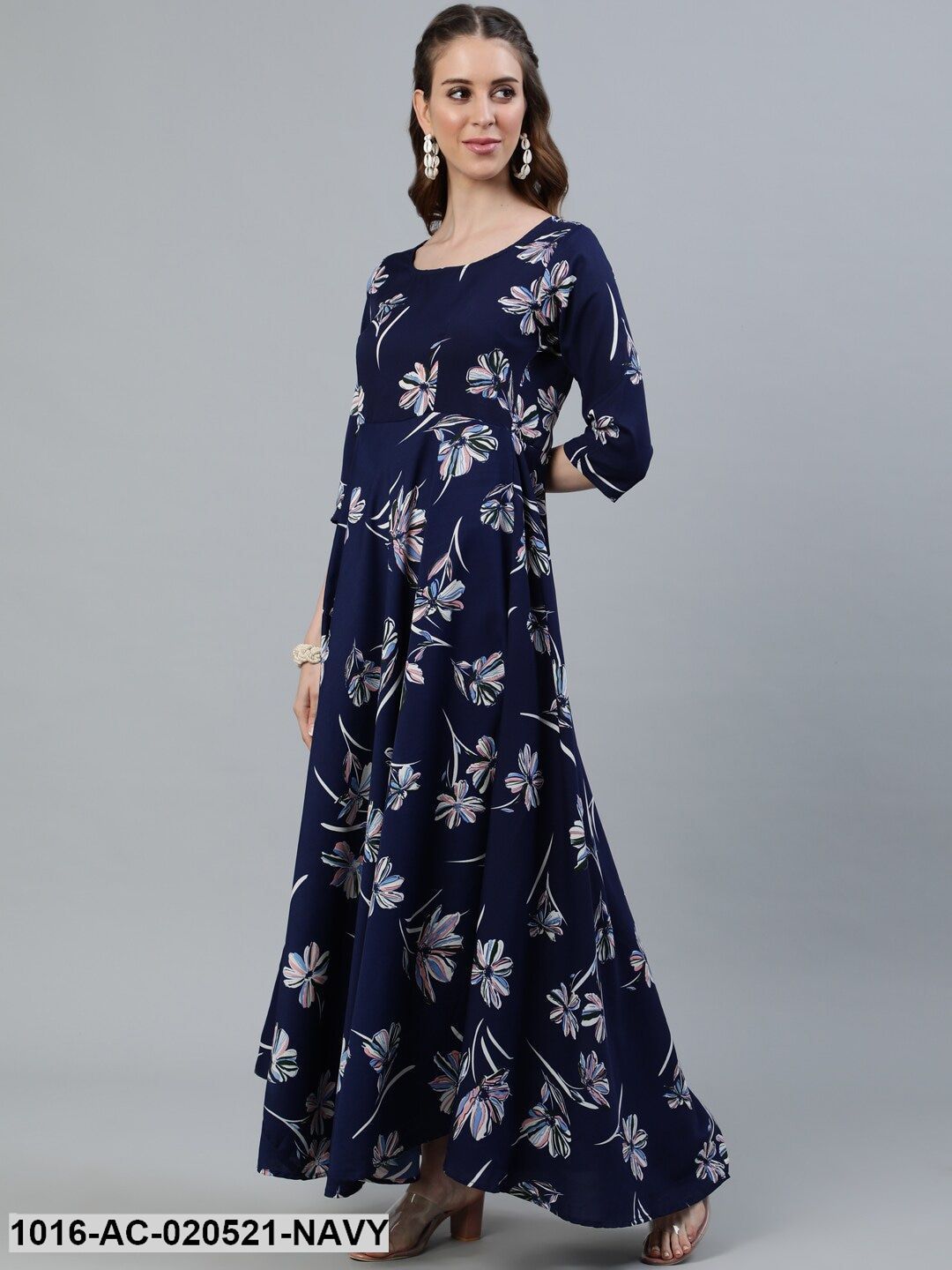 Navy Blue Floral Crepe Maxi Dress