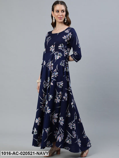 Navy Blue Floral Crepe Maxi Dress