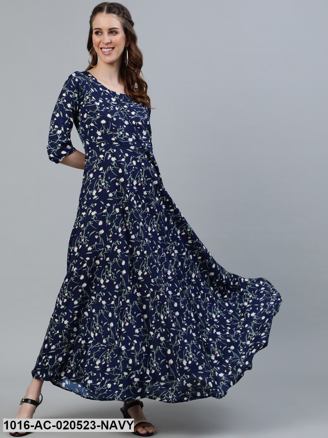 Navy Blue Floral Crepe Maxi Dress