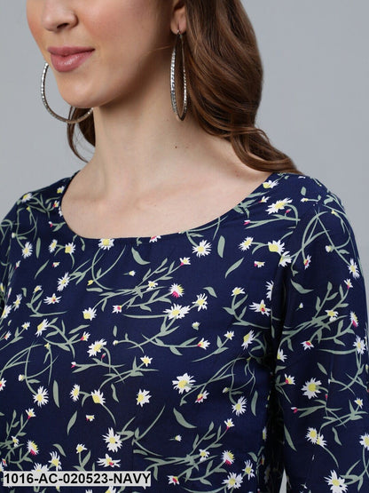 Navy Blue Floral Crepe Maxi Dress