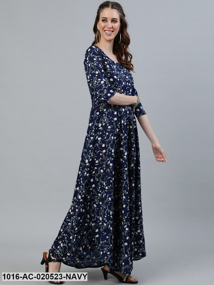 Navy Blue Floral Crepe Maxi Dress
