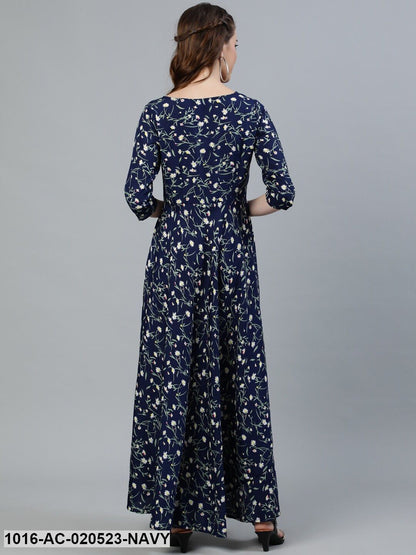Navy Blue Floral Crepe Maxi Dress