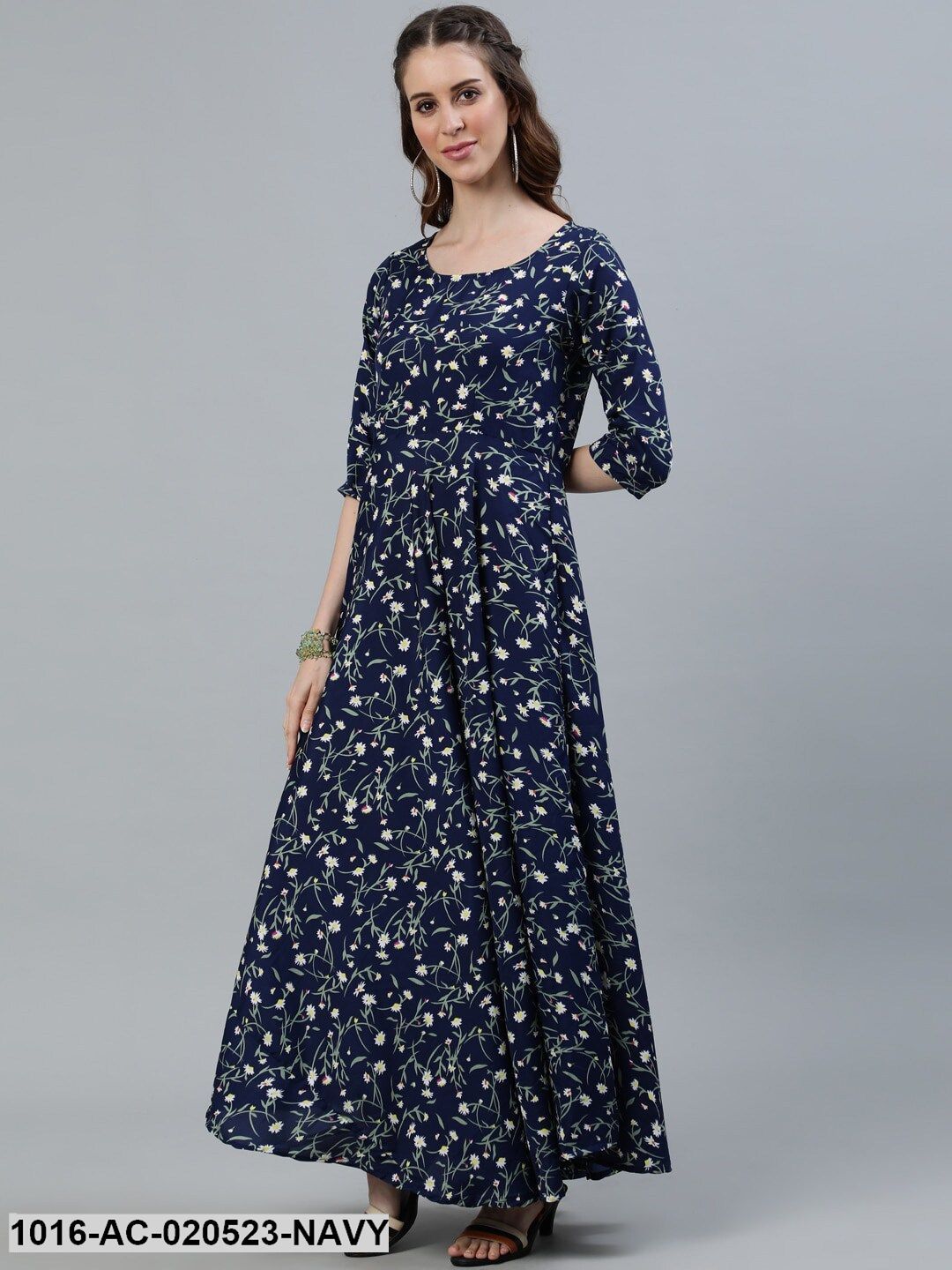 Navy Blue Floral Crepe Maxi Dress