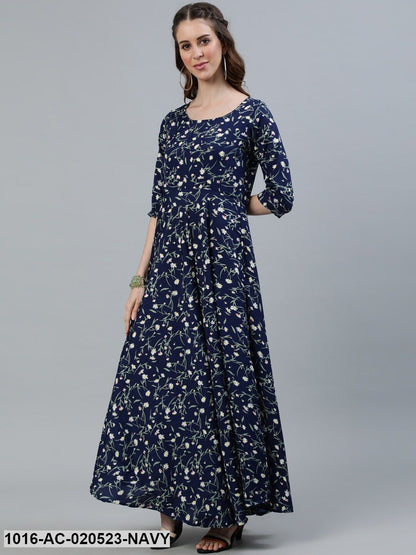 Navy Blue Floral Crepe Maxi Dress