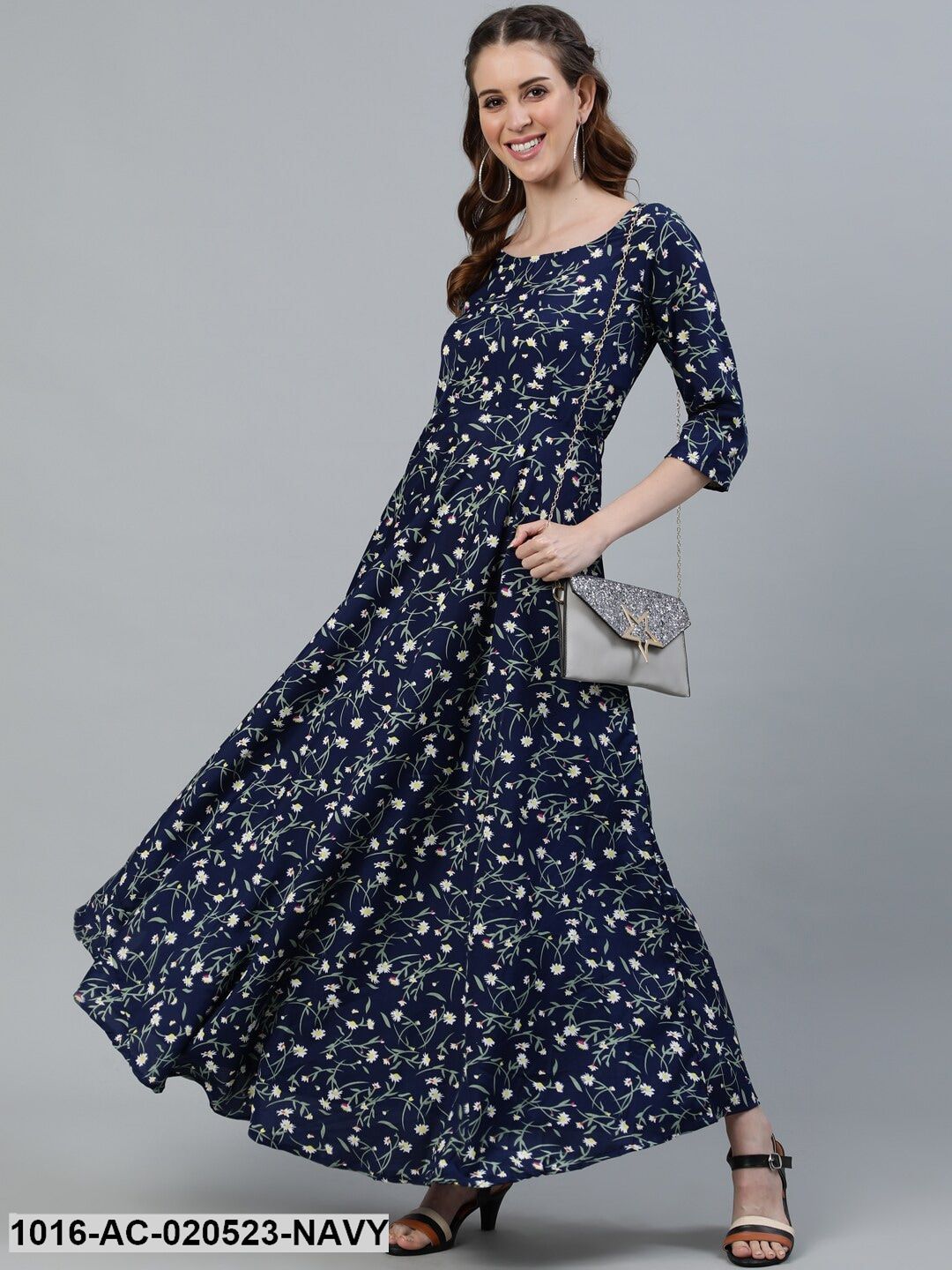 Navy Blue Floral Crepe Maxi Dress