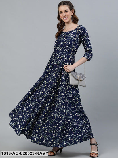 Navy Blue Floral Crepe Maxi Dress