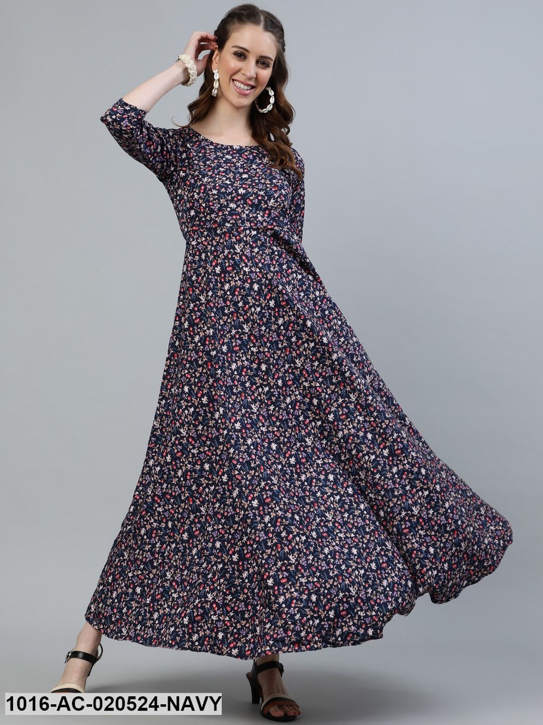 Navy Blue Floral Crepe Maxi Dress