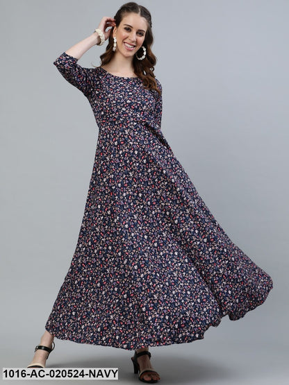 Navy Blue Floral Crepe Maxi Dress