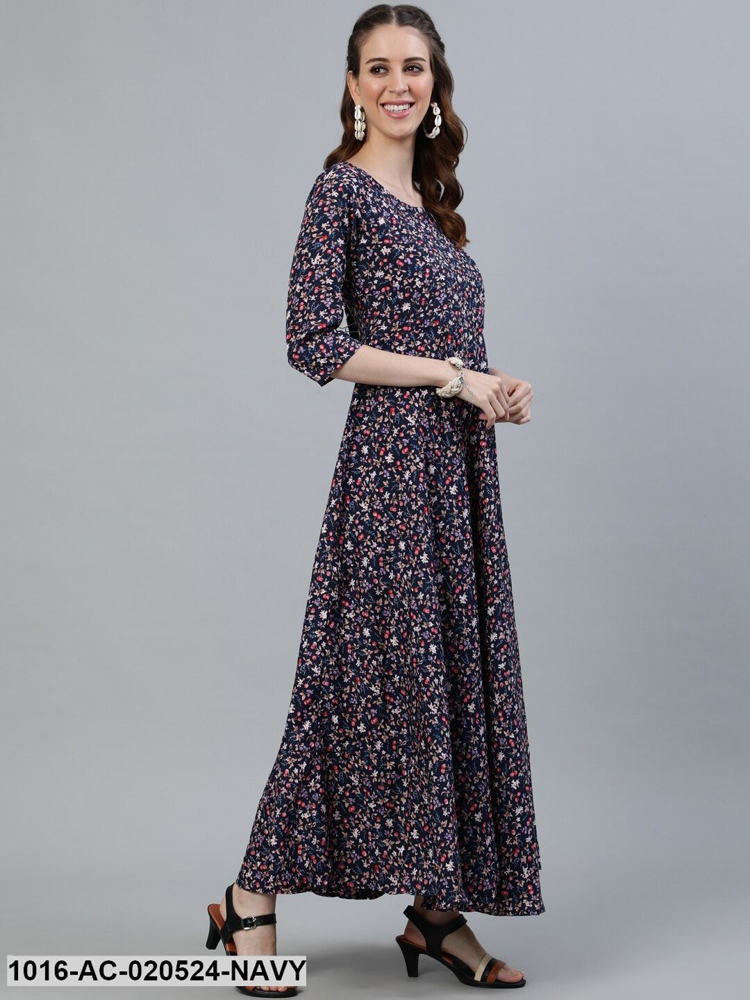 Navy Blue Floral Crepe Maxi Dress