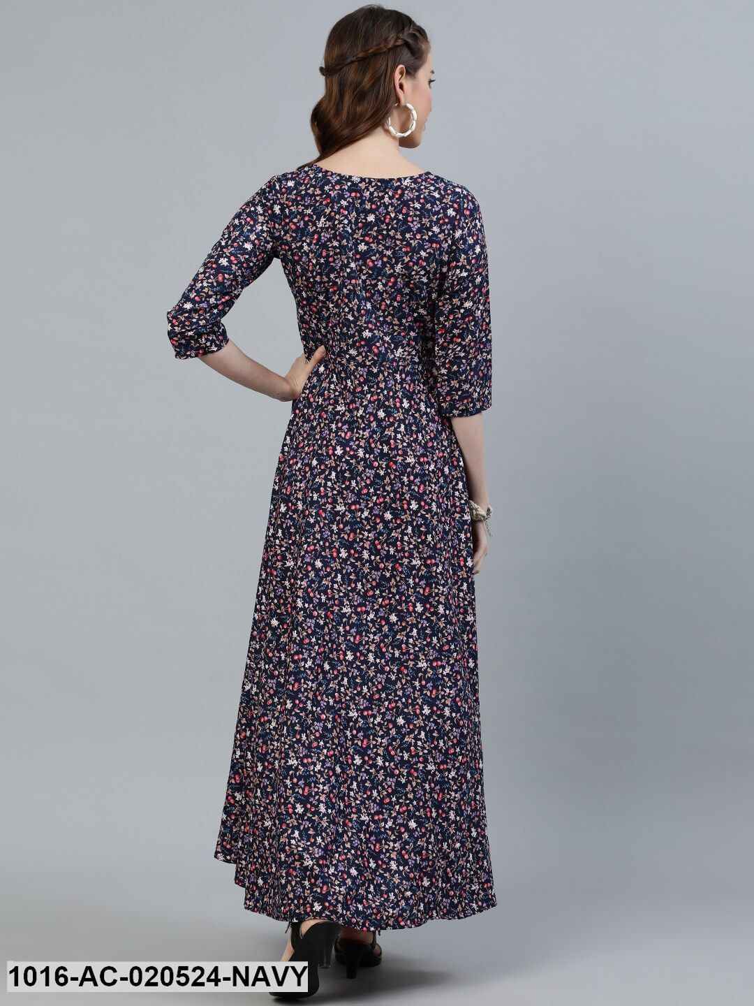 Navy Blue Floral Crepe Maxi Dress