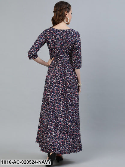 Navy Blue Floral Crepe Maxi Dress