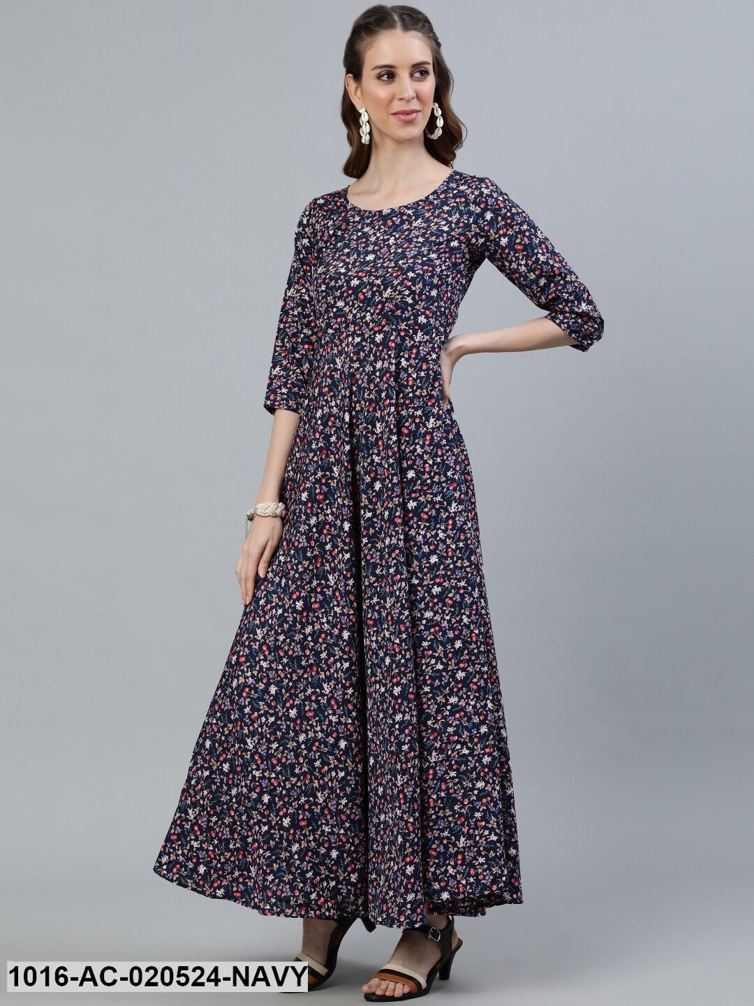 Navy Blue Floral Crepe Maxi Dress