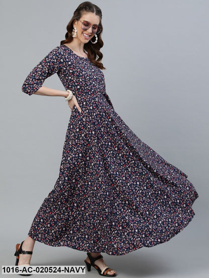 Navy Blue Floral Crepe Maxi Dress
