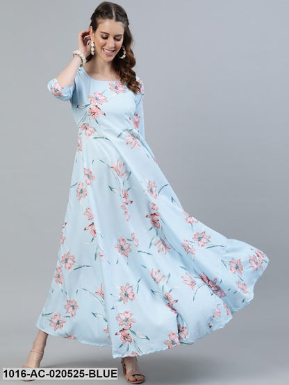 Blue Floral Crepe Maxi Dress