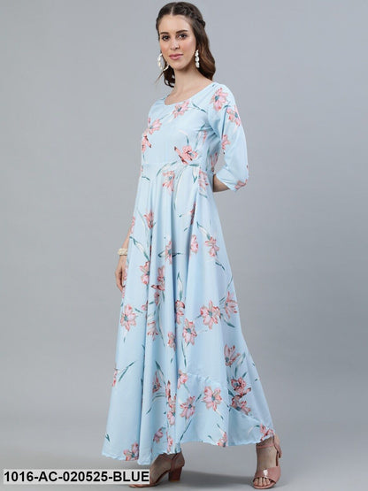 Blue Floral Crepe Maxi Dress