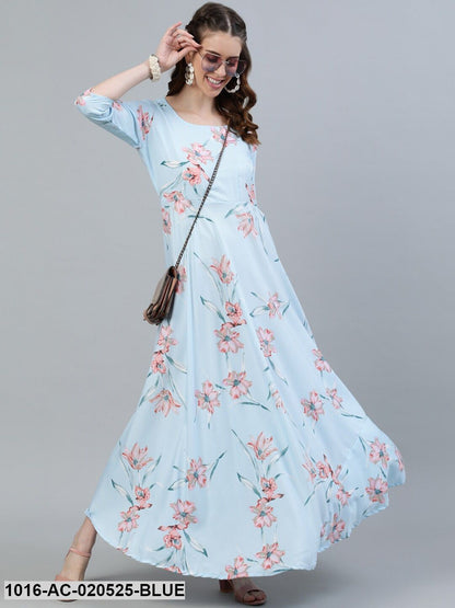 Blue Floral Crepe Maxi Dress