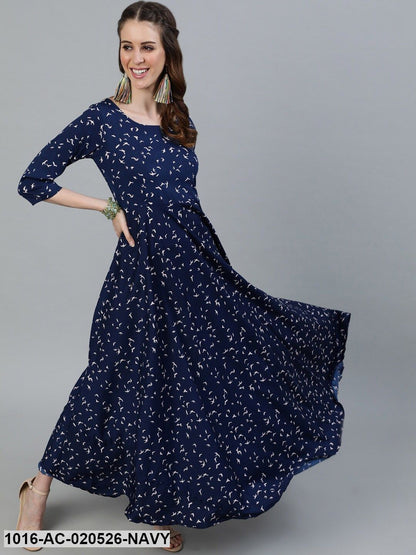 Navy Blue Animal Crepe Maxi Dress