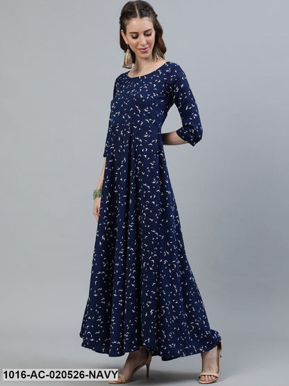 Navy Blue Animal Crepe Maxi Dress