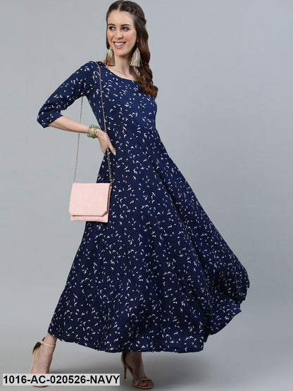 Navy Blue Animal Crepe Maxi Dress