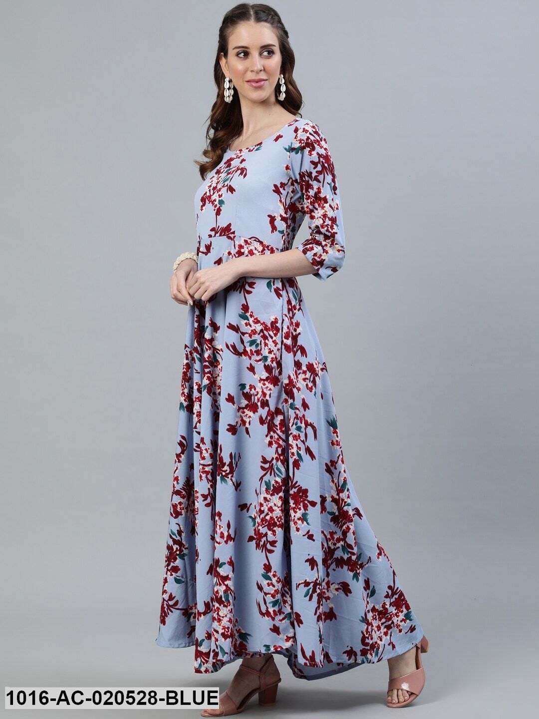 Blue Floral Printed Crepe Maxi Dress