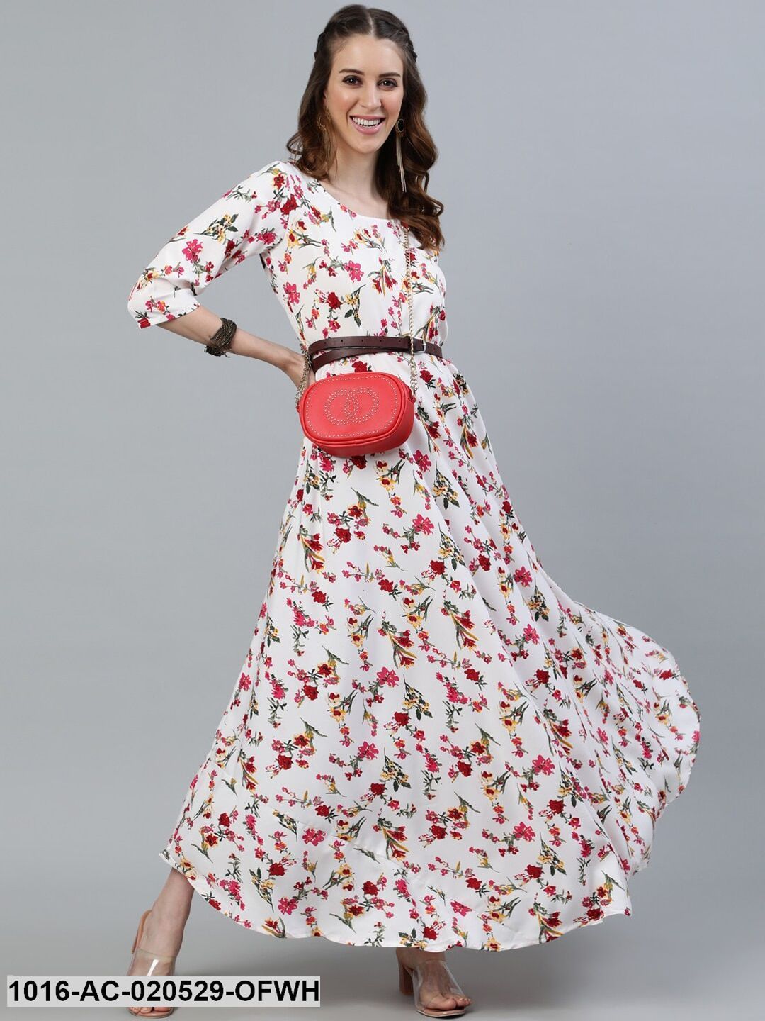 Off White Floral Crepe Maxi Dress