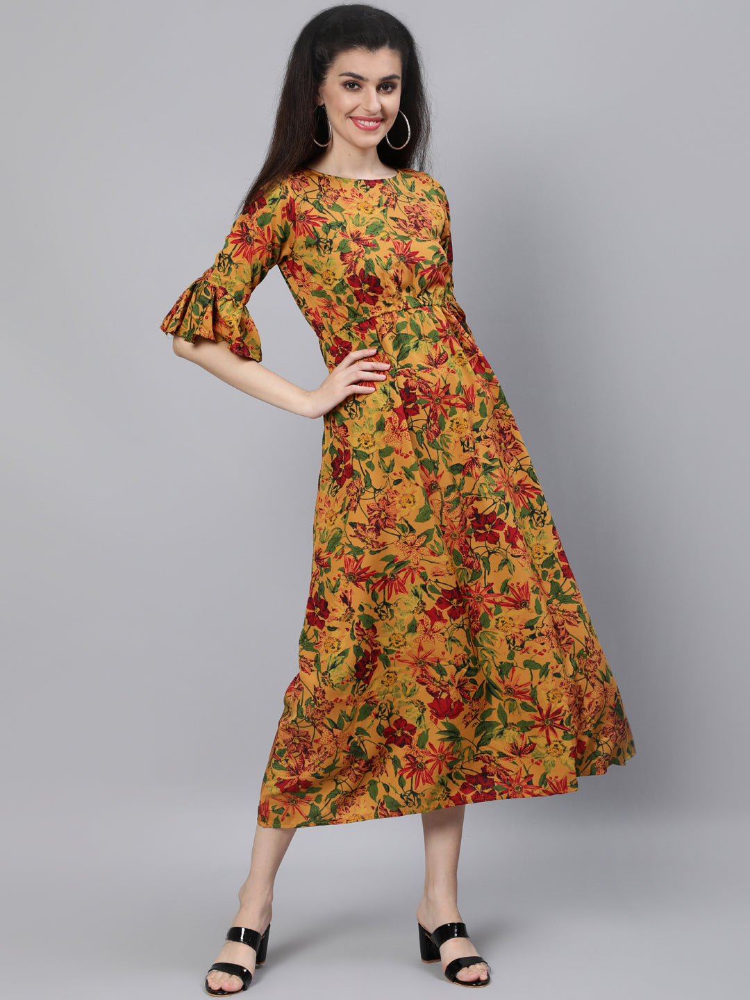 Mustard Printed Maxi Dress With Flared Sleeves