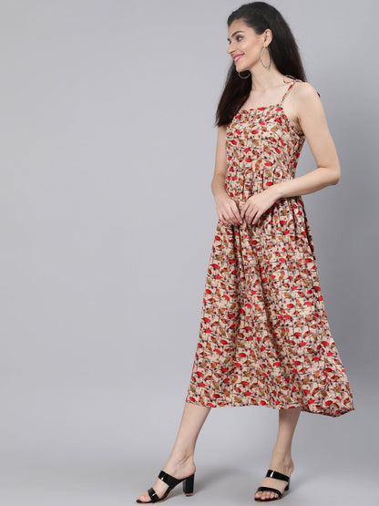 Beige Printed Maxi Dress With Flared