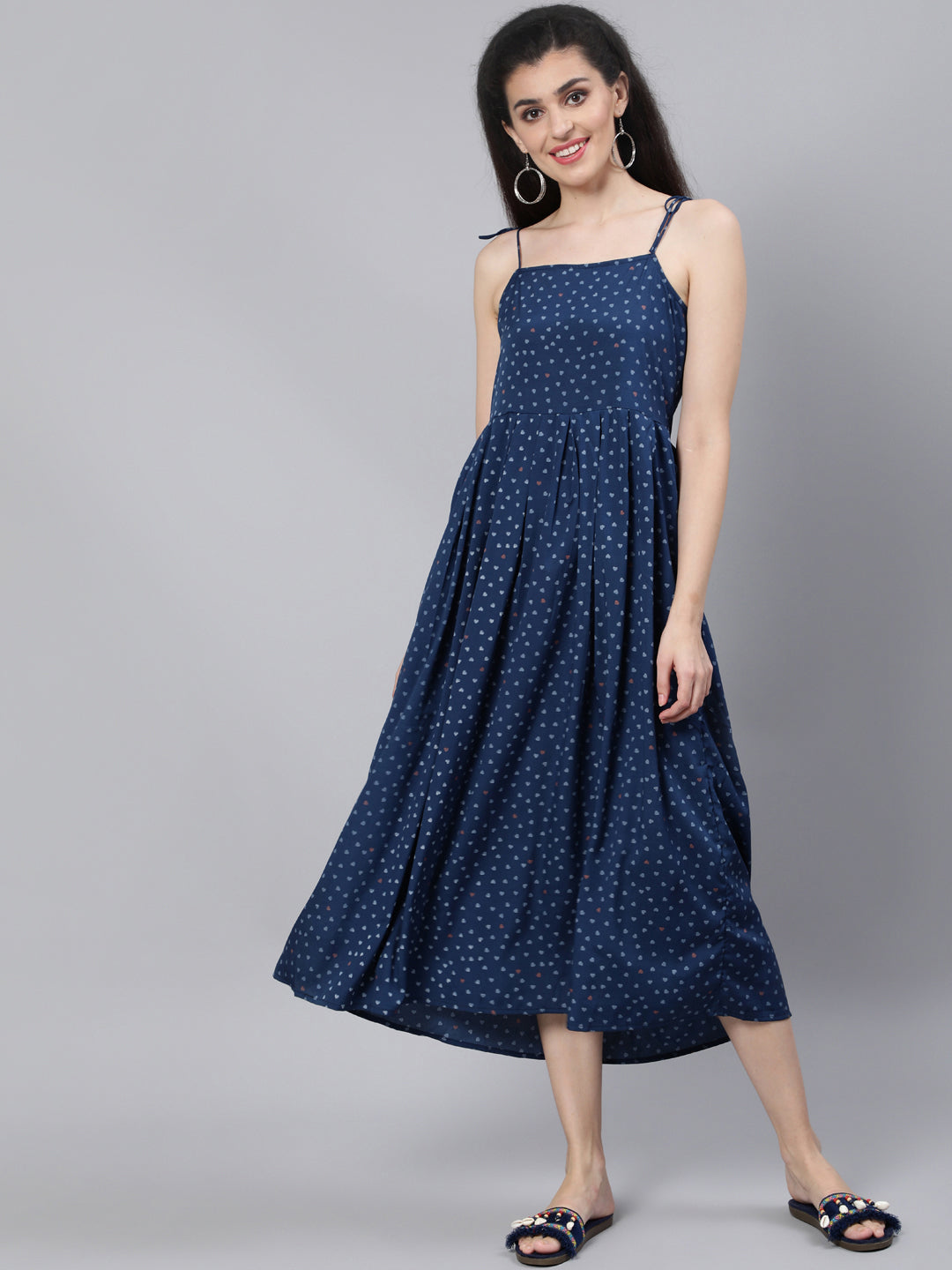 Blue Printed Maxi Dress With Flared