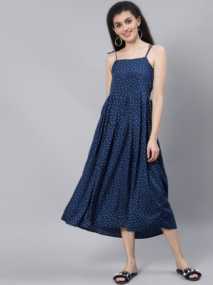 Blue Printed Maxi Dress With Flared