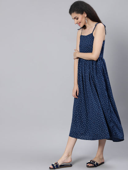 Blue Printed Maxi Dress With Flared