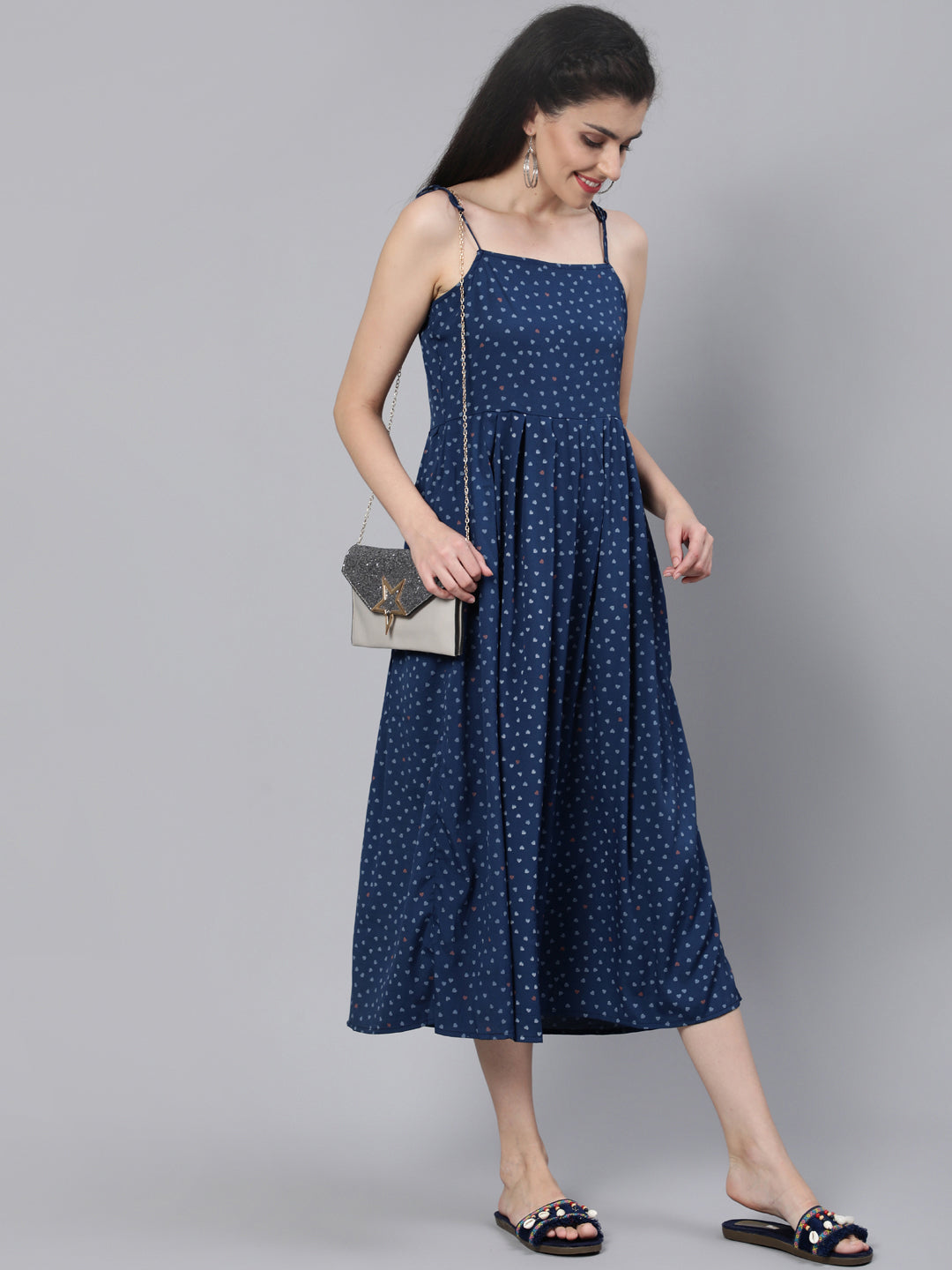 Blue Printed Maxi Dress With Flared