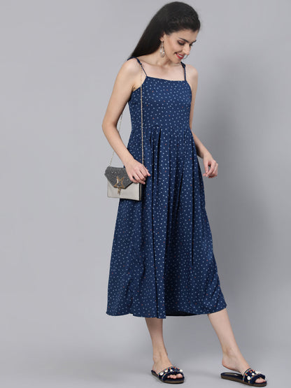 Blue Printed Maxi Dress With Flared