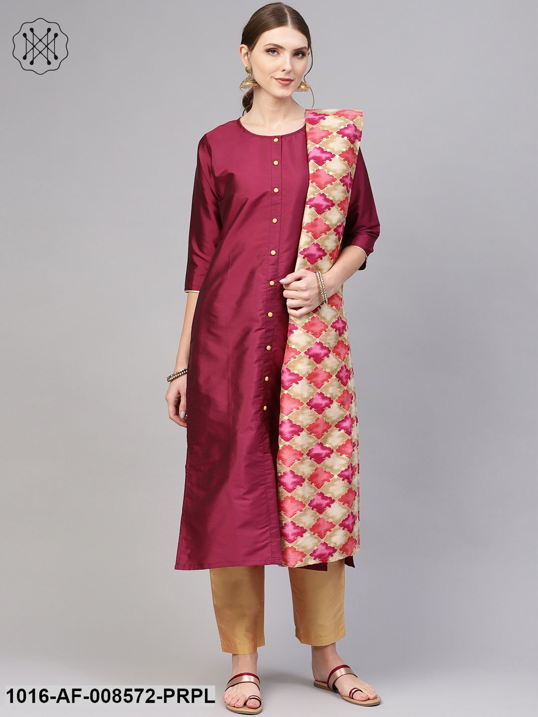 Burgundy Straight Kurta With Gold Pants & Bhagalpuri Gold Printed Dupatta