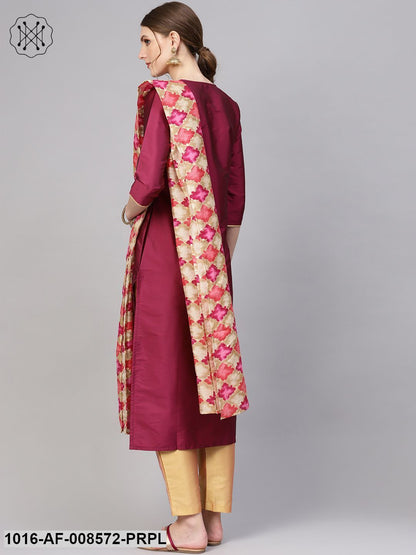 Burgundy Straight Kurta With Gold Pants & Bhagalpuri Gold Printed Dupatta