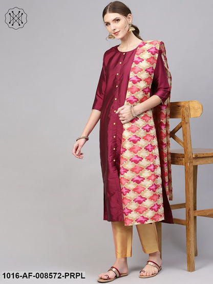 Burgundy Straight Kurta With Gold Pants & Bhagalpuri Gold Printed Dupatta