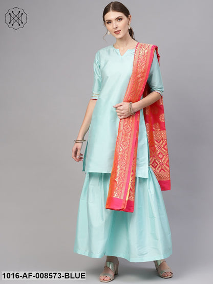 Pastel Blue Staright Kurta With Sharara & Pink Banarsi Dupatta