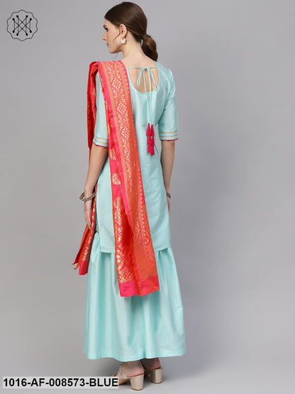 Pastel Blue Staright Kurta With Sharara & Pink Banarsi Dupatta