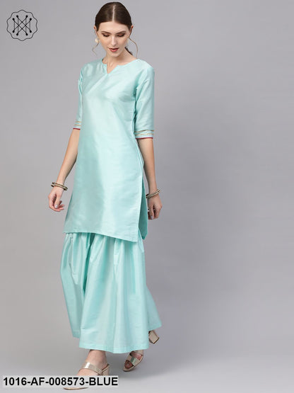 Pastel Blue Staright Kurta With Sharara & Pink Banarsi Dupatta