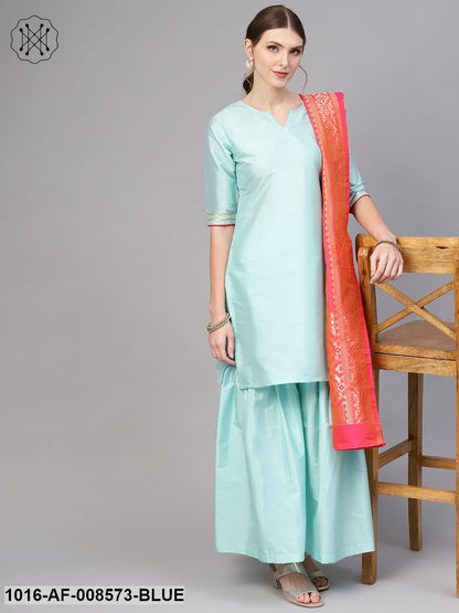 Pastel Blue Staright Kurta With Sharara & Pink Banarsi Dupatta