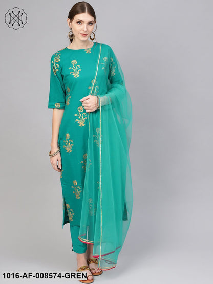 Green Gold Printed Kurta With Staright Pants & Net Dupatta