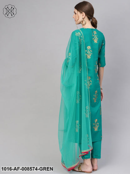 Green Gold Printed Kurta With Staright Pants & Net Dupatta