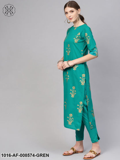 Green Gold Printed Kurta With Staright Pants & Net Dupatta