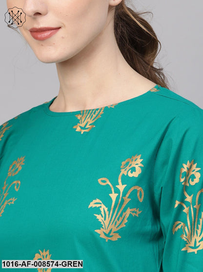 Green Gold Printed Kurta With Staright Pants & Net Dupatta