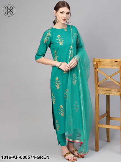 Green Gold Printed Kurta With Staright Pants & Net Dupatta