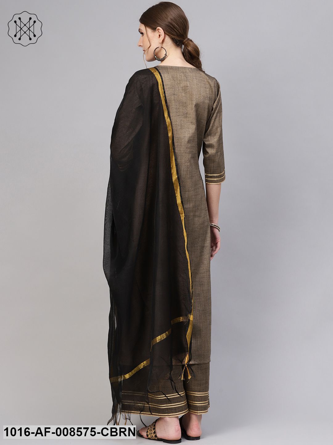 Dark Brown Straight Kurta Set With Palazzo & Black Chanderi Dupatta